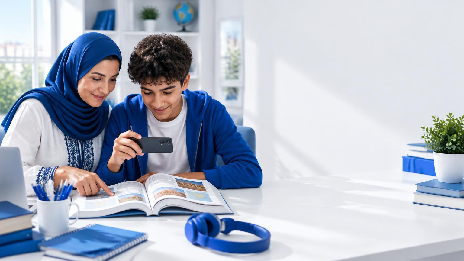 أم وطالب يصوران صفحة من كتاب للمذاكرة